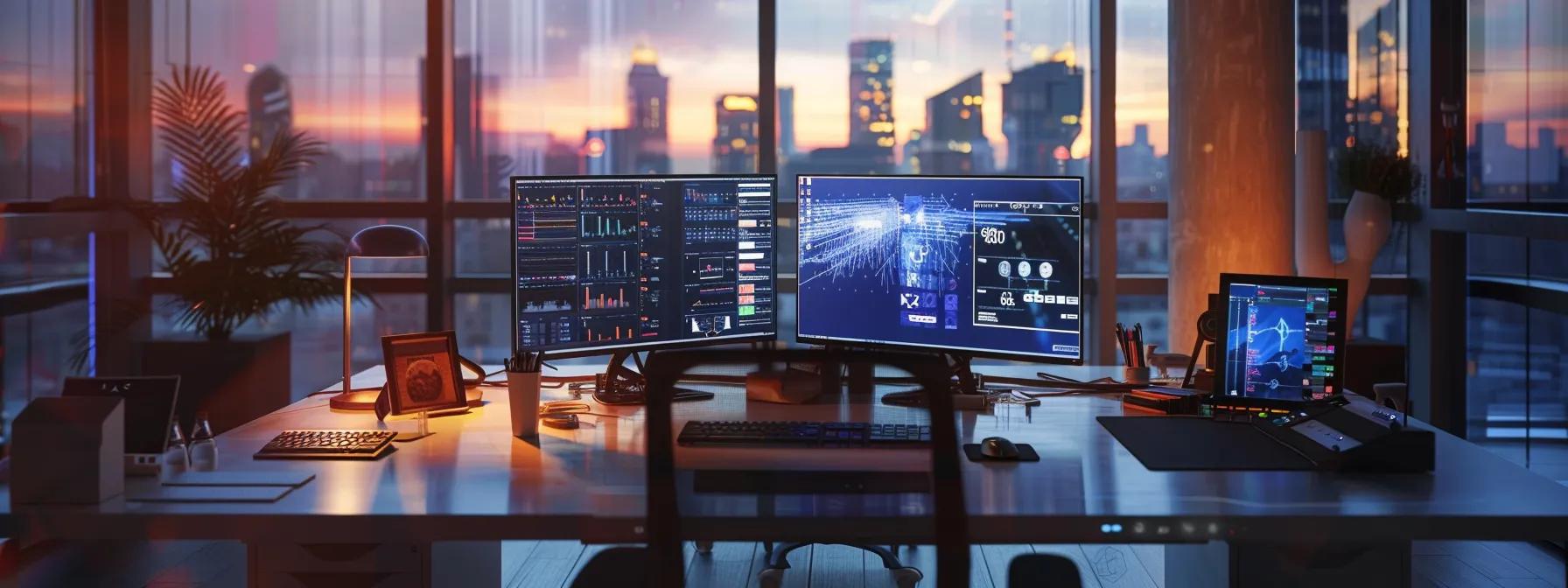 Sleek modern workspace with multiple monitors displaying data analytics and user interface designs, illuminated by sunset views of a city skyline, reflecting themes of web design and user experience.