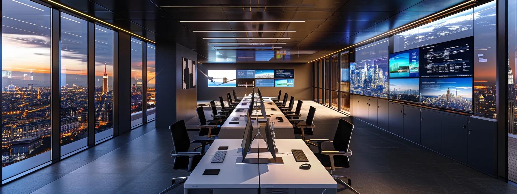 Sleek modern workspace with multiple computer monitors, showcasing a panoramic city view at dusk, emphasizing user experience design and digital marketing strategy.
