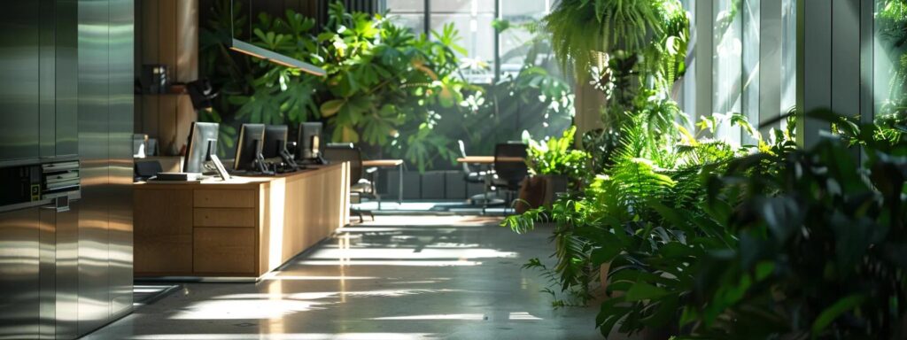 Sleek modern workspace featuring abundant greenery, natural light, and ergonomic furniture, emphasizing sustainable design and user-friendly environments in web design.