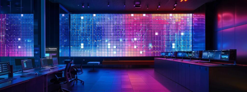 Sleek modern workspace featuring multiple monitors and a vibrant digital display wall, illustrating structured design principles for enhanced user experience in web development.