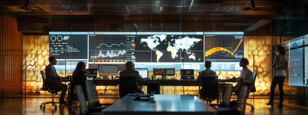 Modern workspace with professionals analyzing data on large screens, showcasing user engagement metrics and UX design insights.