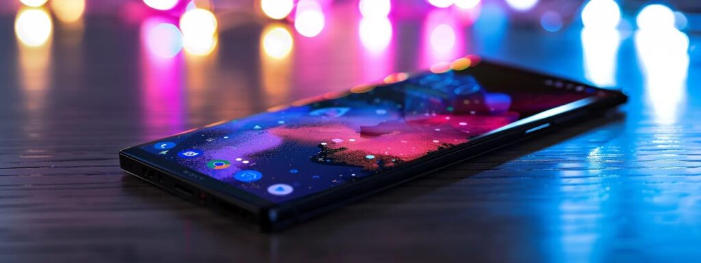 Sleek smartphone displaying vibrant, colorful interface against a backdrop of soft, glowing bokeh lights, illustrating mobile-first design principles for enhanced user experience.
