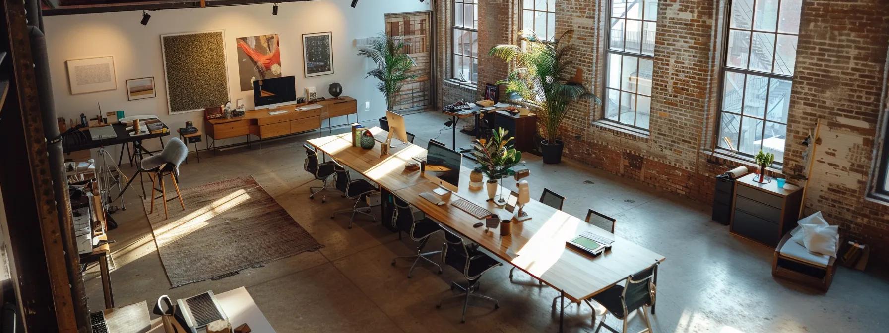Modern office interior with large windows, wooden desks, and plants, emphasizing a creative workspace for web design and digital marketing.