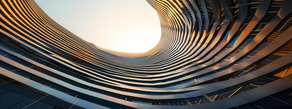 a striking visual juxtaposition of organized grid systems and flowing freeform designs, contrasting sharp lines and geometric precision with soft curves and organic shapes, beautifully illuminated by diffused sunlight.