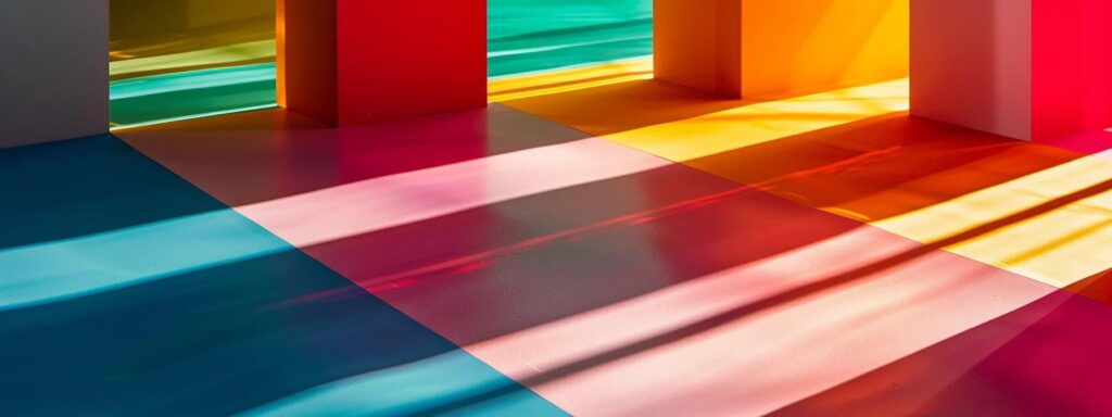 Colorful geometric shapes casting shadows on a vibrant floor, illustrating principles of visual hierarchy and design in a creative space.