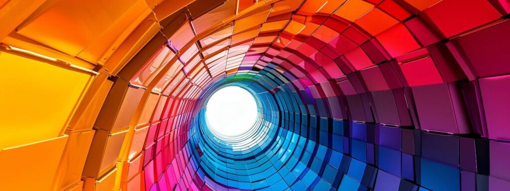 Colorful spiral tunnel illustrating vibrant color theory concepts, emphasizing the interplay of hues and visual appeal in web design.