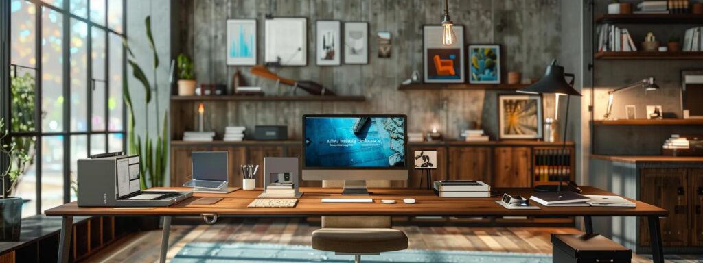 Vibrant and dynamic workspace featuring a wooden desk with a computer, laptop, and office supplies, surrounded by modern decor and natural light, emphasizing an efficient and user-friendly design for enhancing productivity.