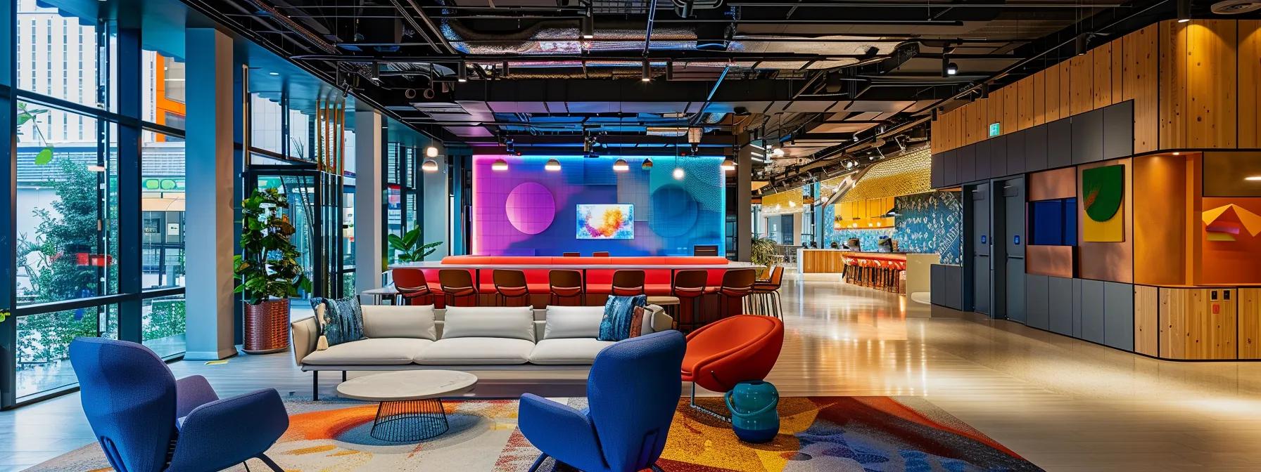 Vibrant and modern office interior featuring a stylish seating area with colorful chairs, a sleek white sofa, and a large wall-mounted screen, emphasizing user-centered design and inviting workspace aesthetics.