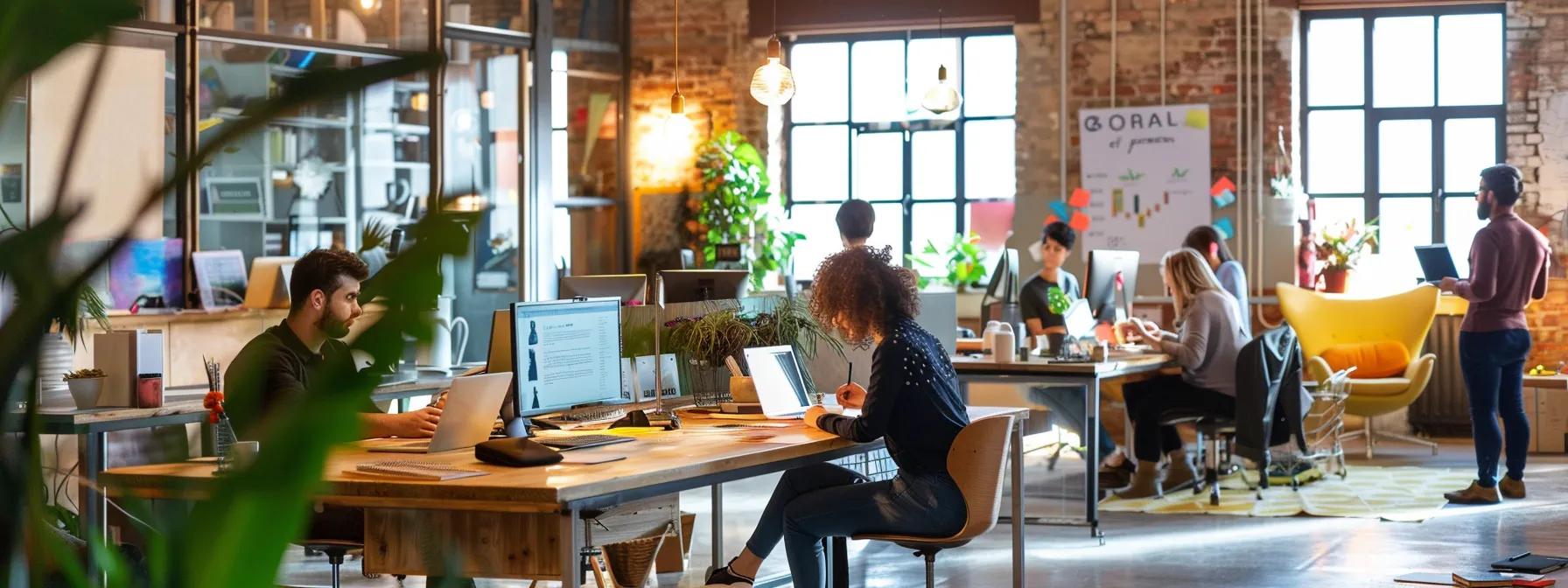 Modern office workspace with diverse professionals collaborating, featuring laptops, plants, and creative design elements, reflecting contemporary web design trends and user experience in digital marketing.