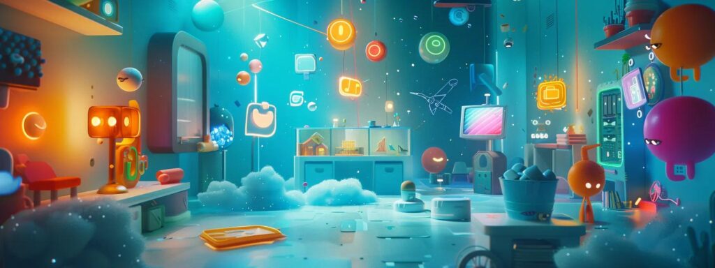 Vibrant and whimsical digital space featuring playful elements like colorful icons, animated characters, and interactive objects, enhancing user engagement and fostering a fun atmosphere in web design.