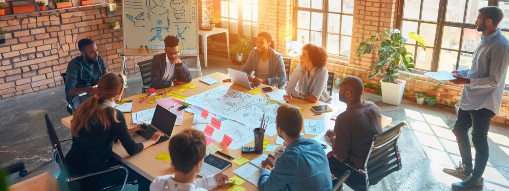 Diverse team engaged in a collaborative brainstorming session around a table, utilizing sticky notes and laptops, emphasizing user-centric design and feedback integration in a modern office setting.