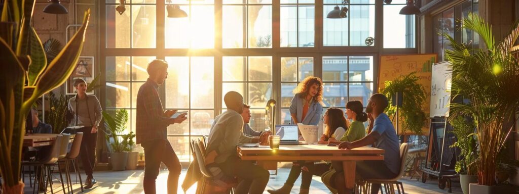 Group brainstorming session in a bright, modern workspace with large windows, plants, and collaborative atmosphere, reflecting user-centered design principles.