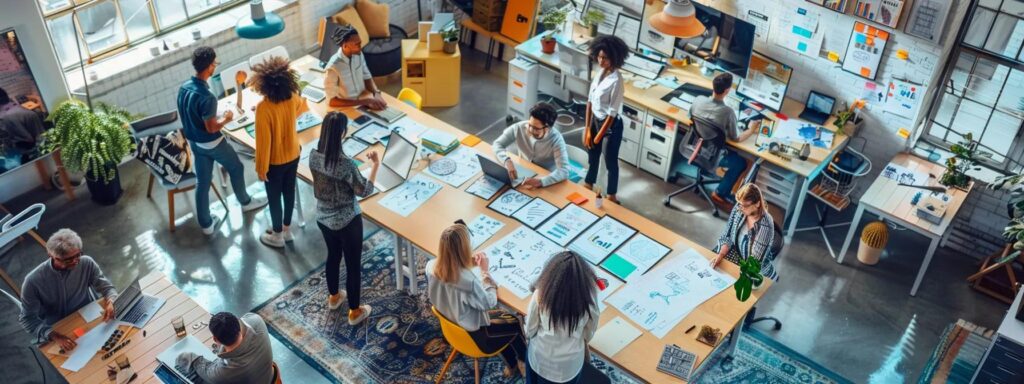 Collaborative workspace with diverse team members engaged in design activities, featuring sketches, laptops, and brainstorming materials, illustrating the importance of user feedback in enhancing product development and user experience.