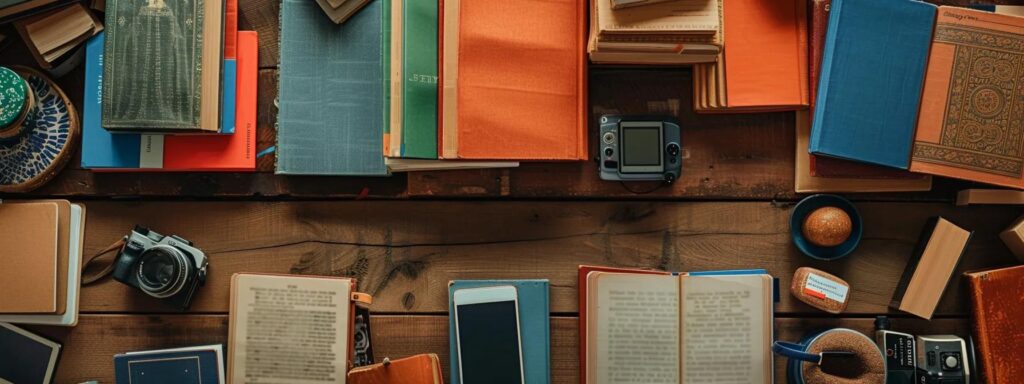 Aerial view of diverse books, a camera, and various study materials on a wooden table, illustrating resources for learning visual hierarchy and design principles.