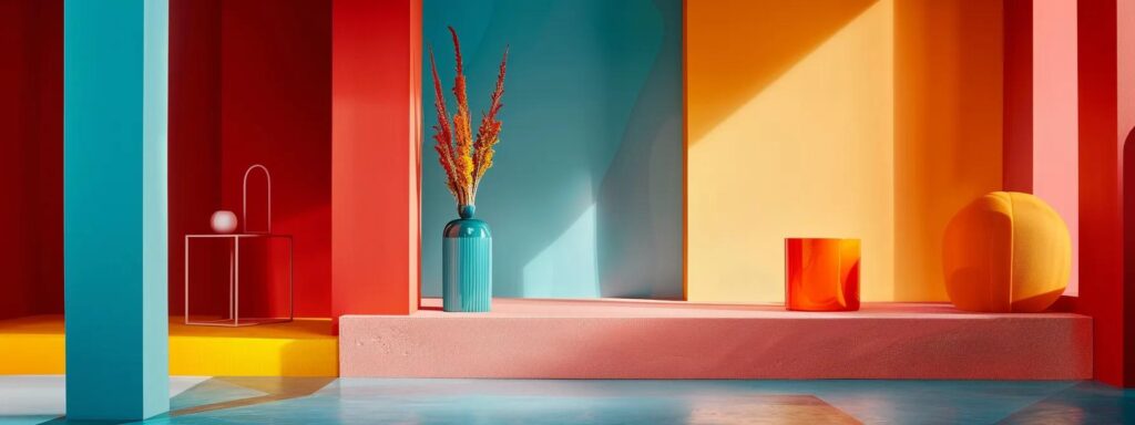 Vibrant composition showcasing geometric shapes and colorful elements, emphasizing visual hierarchy and design principles in a modern setting.