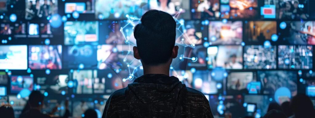 Person observing a vibrant digital interface with multiple screens displaying various content, symbolizing customizable viewing experiences in web design and user engagement.