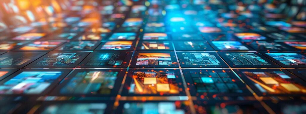 Vibrant digital interface displaying a grid of various design elements, emphasizing visual hierarchy and user engagement principles in digital marketing.