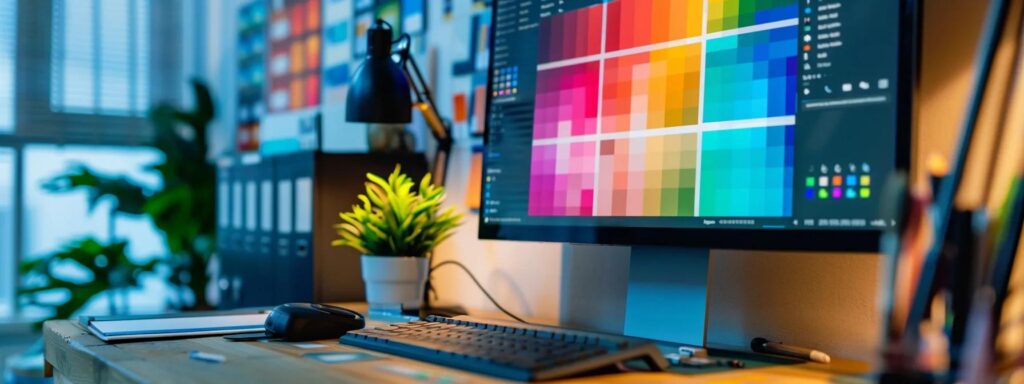 Workspace featuring a computer monitor displaying a vibrant color palette, alongside a potted plant and stationery, emphasizing color theory's role in enhancing web design and user experience.