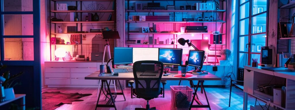 Vibrant digital workspace with multiple monitors, colorful ambient lighting, and modern furniture, illustrating effective color application in web design for enhanced user engagement.