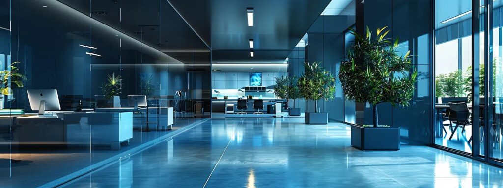 Modern digital workspace with sleek design, glass walls, vibrant greenery, and organized office furniture, reflecting professionalism and user engagement in web design.