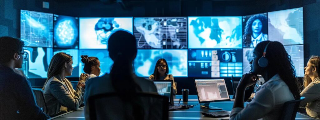 Group of diverse professionals in a digital workspace, collaborating in front of multiple screens displaying data visualizations and analytics, emphasizing the importance of web accessibility and user experience.