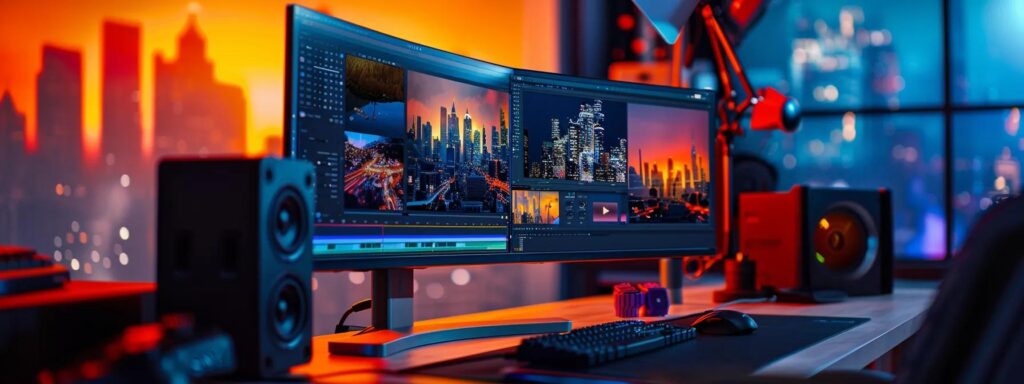 Vibrant digital workspace with dual monitors displaying cityscapes, colorful lighting, and audio equipment, emphasizing effective navigation design and user experience strategies.