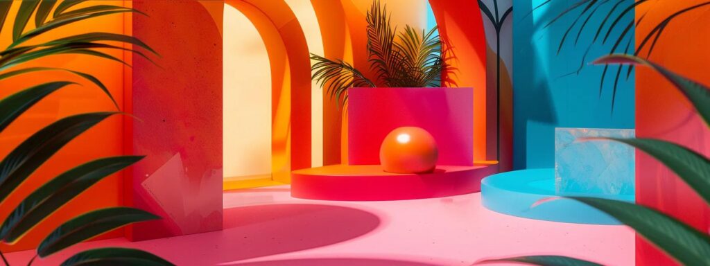 Vibrant abstract interior space featuring colorful geometric shapes, including a pink platform, a blue circular area, and a central orange sphere, surrounded by lush green plants, illustrating principles of visual hierarchy in design.