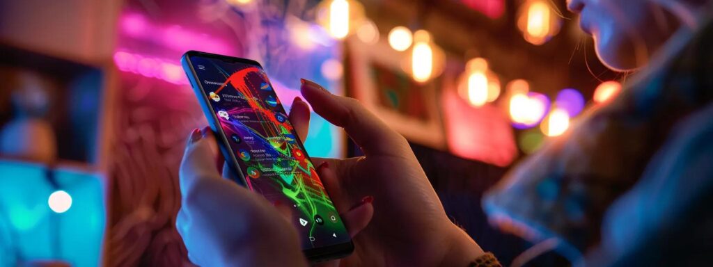 Person interacting with a vibrant smartphone screen displaying a dynamic interface, surrounded by colorful ambient lighting, illustrating mobile-first design principles and user engagement.