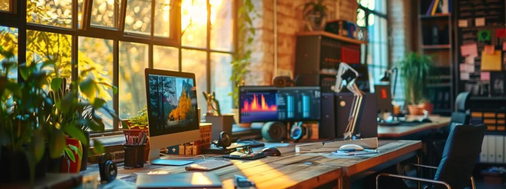 Creative workspace with dual monitors displaying graphic design elements, a wooden desk with stationery, plants, and warm sunlight streaming through large windows, emphasizing the importance of graphics in web aesthetics.