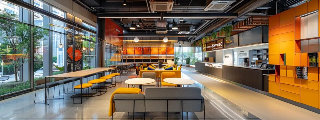 Vibrant, dynamic workspace featuring modern furniture, bright orange and yellow accents, large windows with greenery, and an open layout promoting user engagement and collaboration.