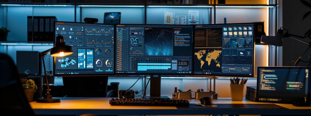 Dynamic workspace with multiple monitors displaying data analytics, charts, and maps, emphasizing UX design and usability testing tools.