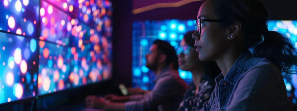 Group of individuals engaged in usability testing, focused on colorful digital screens displaying data visualizations, illustrating user interaction and feedback analysis.