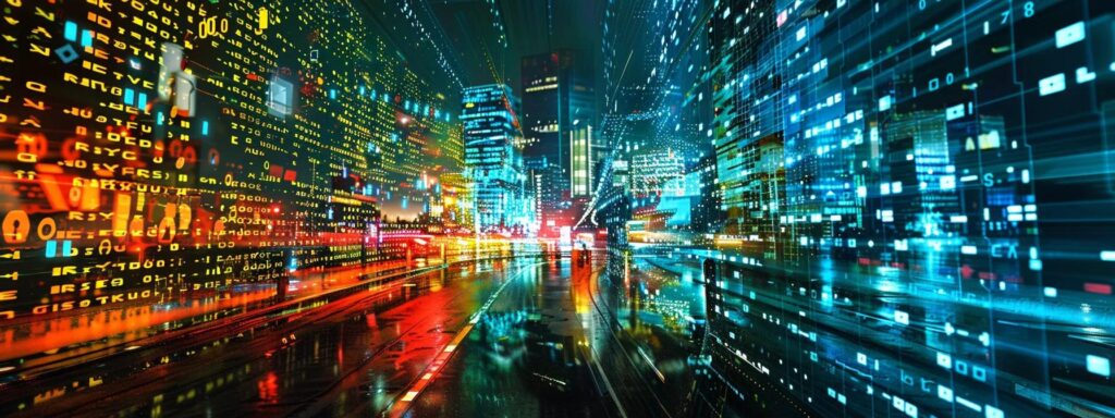 Vibrant cityscape with digital data streams, highlighting the importance of accessibility and design in web development.