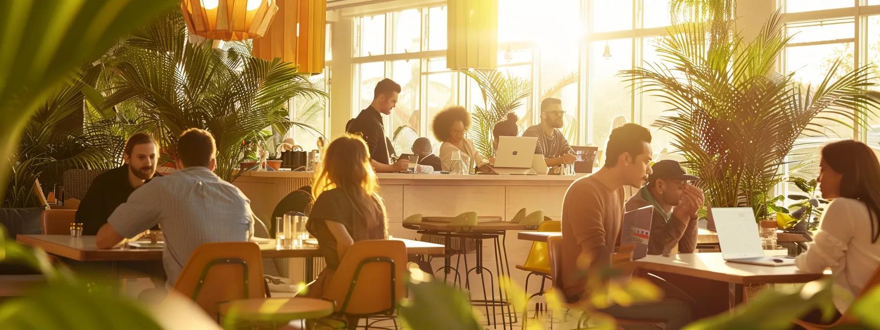 Vibrant workspace filled with greenery, people engaged in conversation and using laptops, emphasizing collaborative and inviting atmosphere for web design discussions.