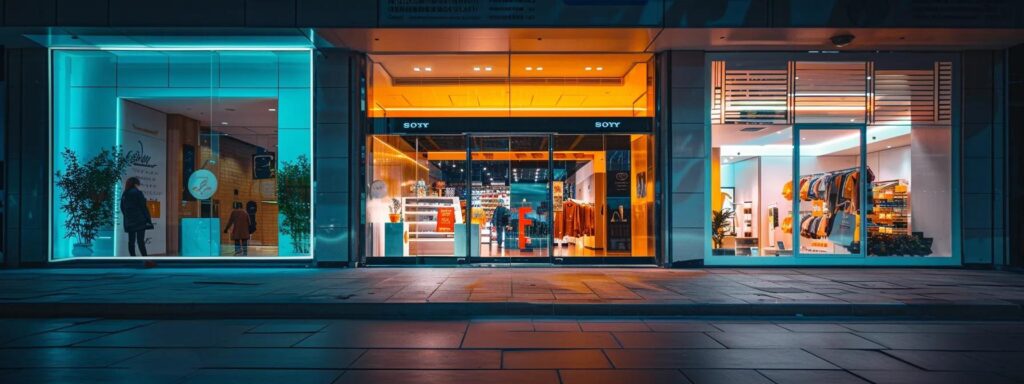 Vibrant local business storefront with illuminated displays, showcasing products and inviting ambiance, emphasizing the importance of local website design for enhancing brand identity and customer experience.
