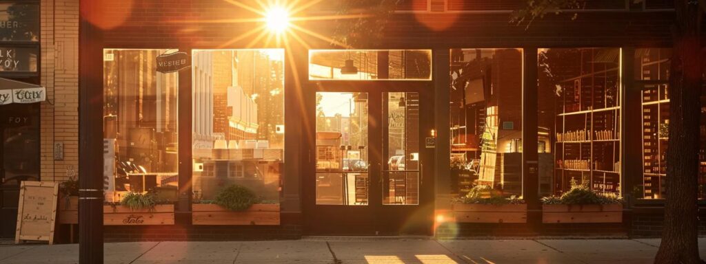 Vibrant local business storefront with large windows reflecting sunlight, showcasing community engagement and inviting atmosphere, relevant to local website design and customer connection.