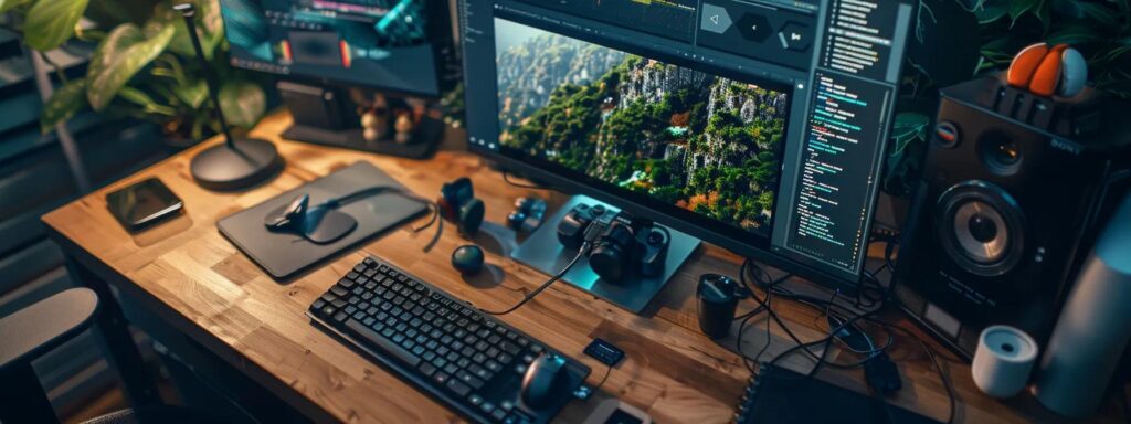 Minimalist workspace featuring a computer monitor displaying a vibrant user interface design, keyboard, mouse, camera, and audio equipment, emphasizing modern digital marketing and UI design tools for enhanced user engagement.