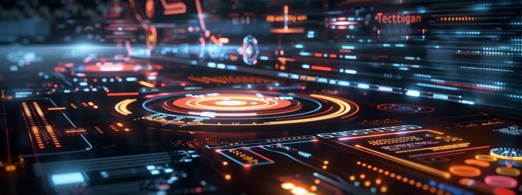 Vibrant digital interface with glowing circular elements and data displays, emphasizing modern design for enhanced user experience and intuitive navigation.