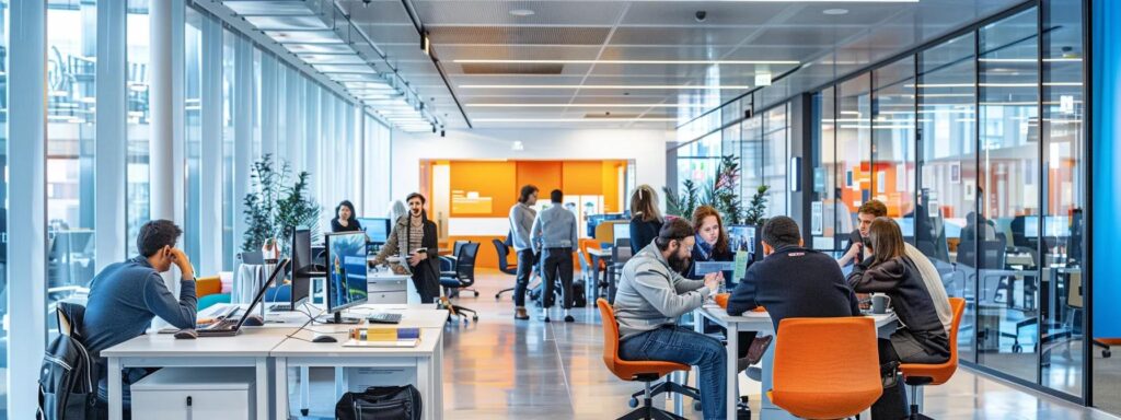 Modern office setting with diverse teams collaborating at desks, showcasing a user-friendly workspace that enhances productivity and supports effective usability testing.