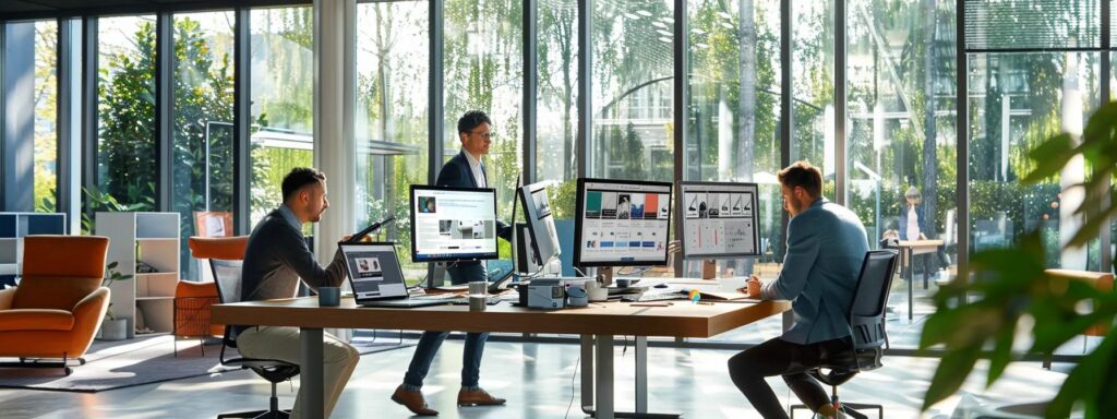 Modern office space with professionals collaborating on website design, featuring multiple computer screens displaying analytics and design layouts, surrounded by greenery.