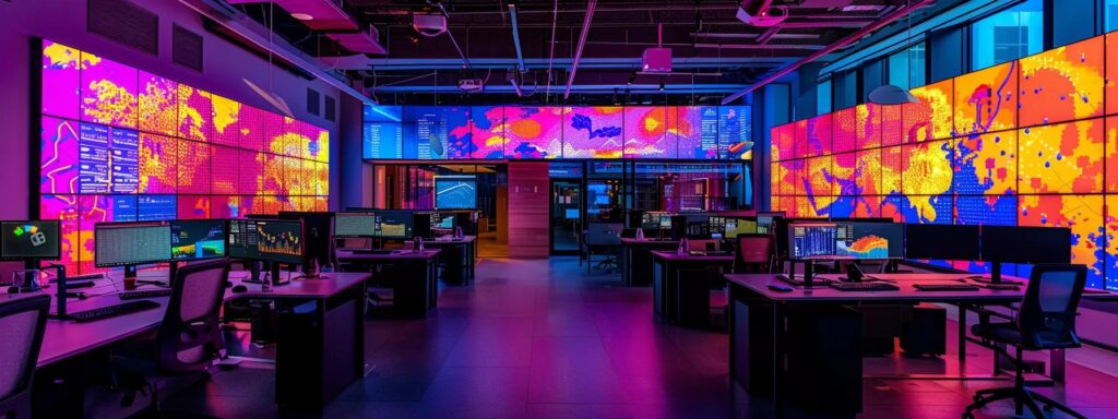 Modern vibrant workspace with multiple computer stations and large digital screens displaying colorful data visualizations, emphasizing technology and user experience in navigation design.