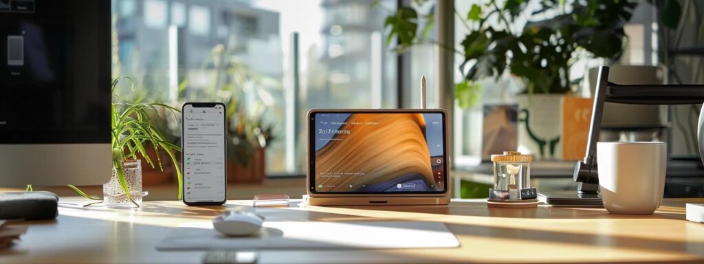 Modern workspace featuring a smartphone and tablet on a desk, emphasizing mobile-first design and digital productivity.