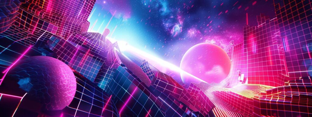 Vibrant retro digital landscape featuring neon grids, abstract geometric shapes, and a cosmic background, reflecting Y2K aesthetic trends in web design and user engagement.