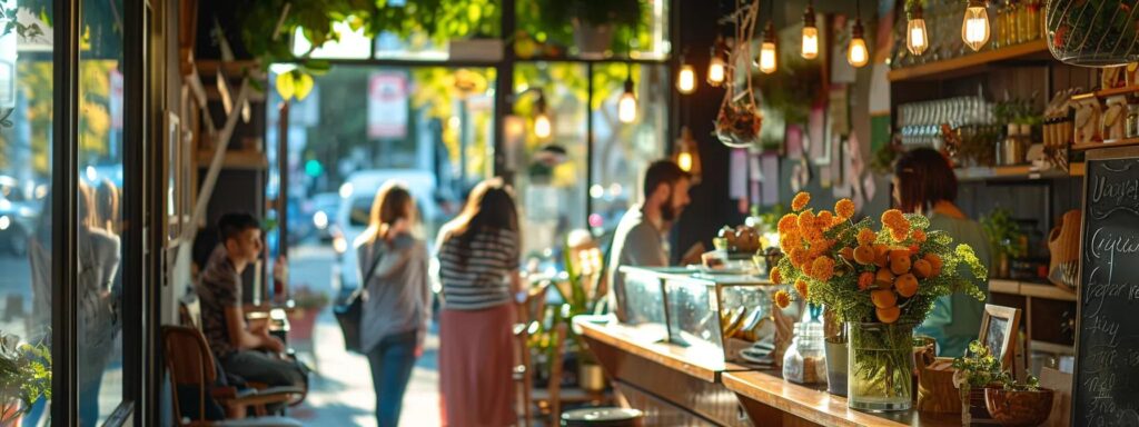 Vibrant café interior with patrons enjoying coffee, showcasing local design elements and community atmosphere, emphasizing the importance of localized website design for business success.