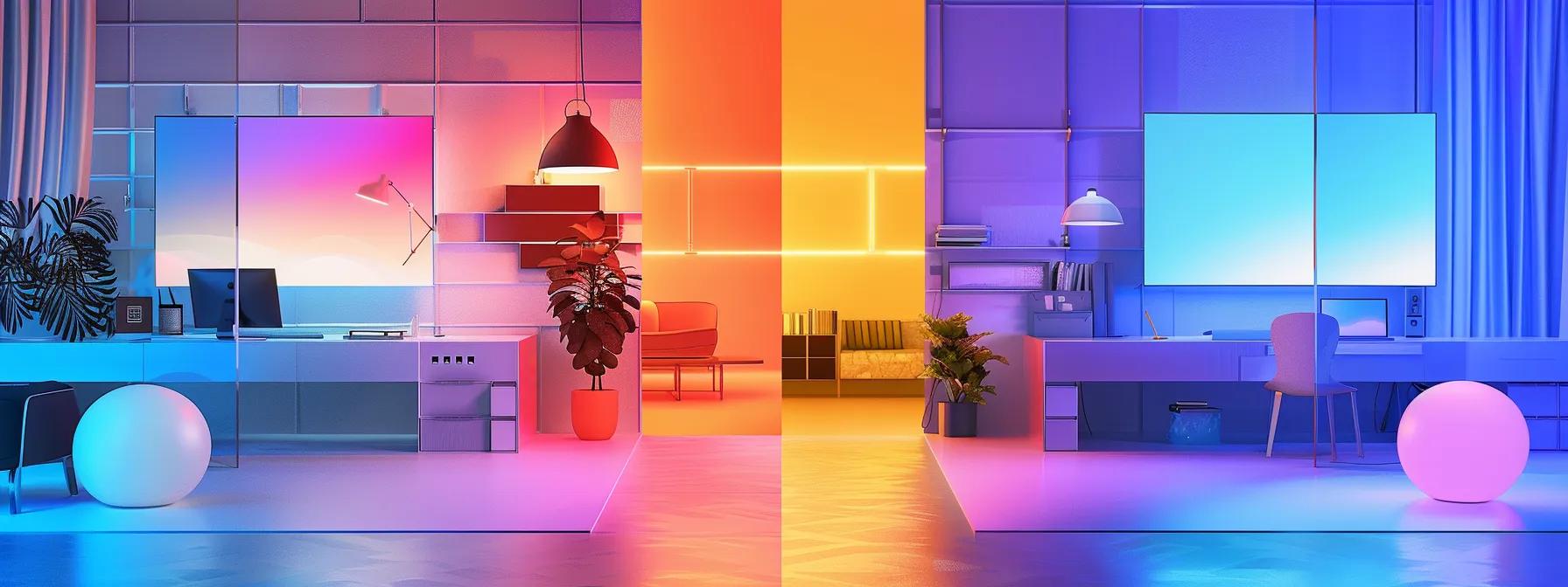 Vibrant modern office interior showcasing contrasting color schemes, featuring a workspace with a computer, decorative plants, and ambient lighting, emphasizing contemporary web design aesthetics.