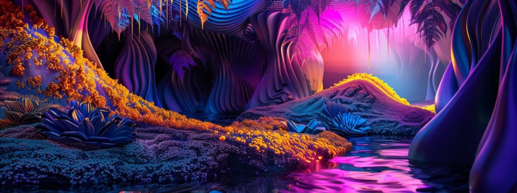 Vibrant 3D illustration of a surreal landscape featuring colorful flora, flowing water, and dynamic lighting, emphasizing modern web design trends and user engagement.