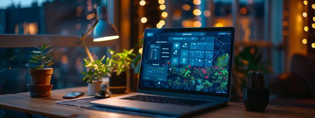 Laptop on a wooden desk displaying a user interface with plant imagery, surrounded by potted plants and warm ambient lighting, illustrating user-centered design in a creative workspace.