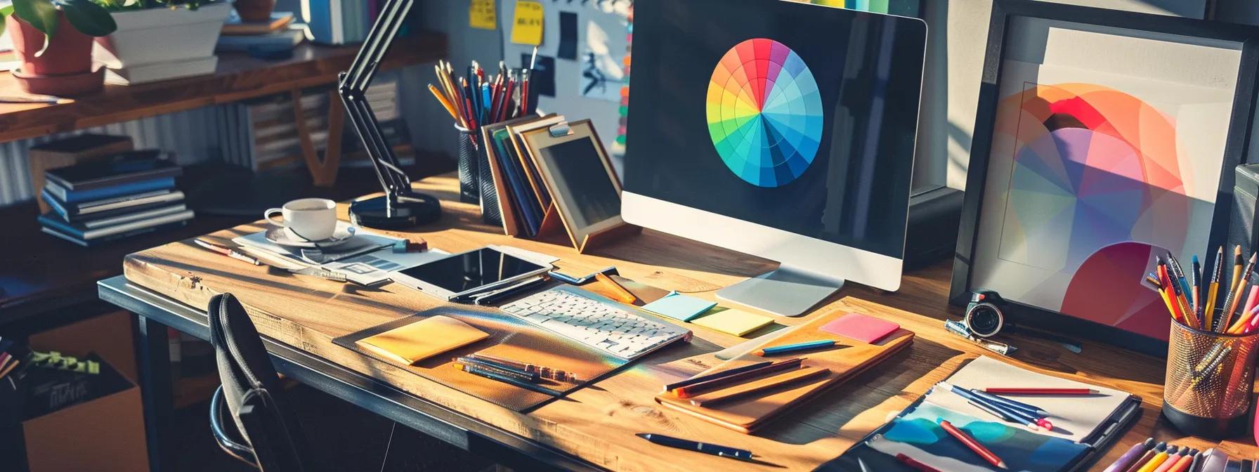 Vibrant workspace with computer displaying color wheel, stationery, and design tools, emphasizing web design aesthetics and color theory.