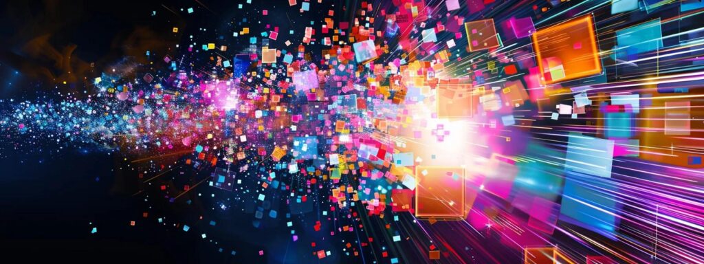 Vibrant digital explosion of colorful squares and particles representing dynamic web interface design, emphasizing inclusivity and accessibility in user experience.