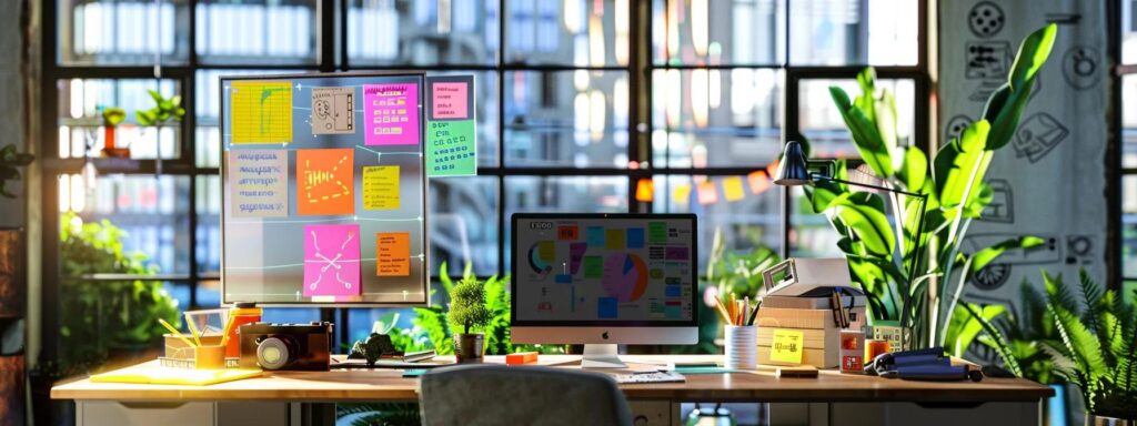 Vibrant workspace with a desk featuring a computer displaying colorful sticky notes and charts, surrounded by plants and office supplies, reflecting user-centered design principles.
